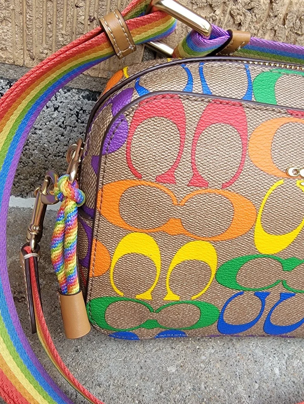 Coach Khaki Rainbow Signature Mini Camera Crossbody C4227